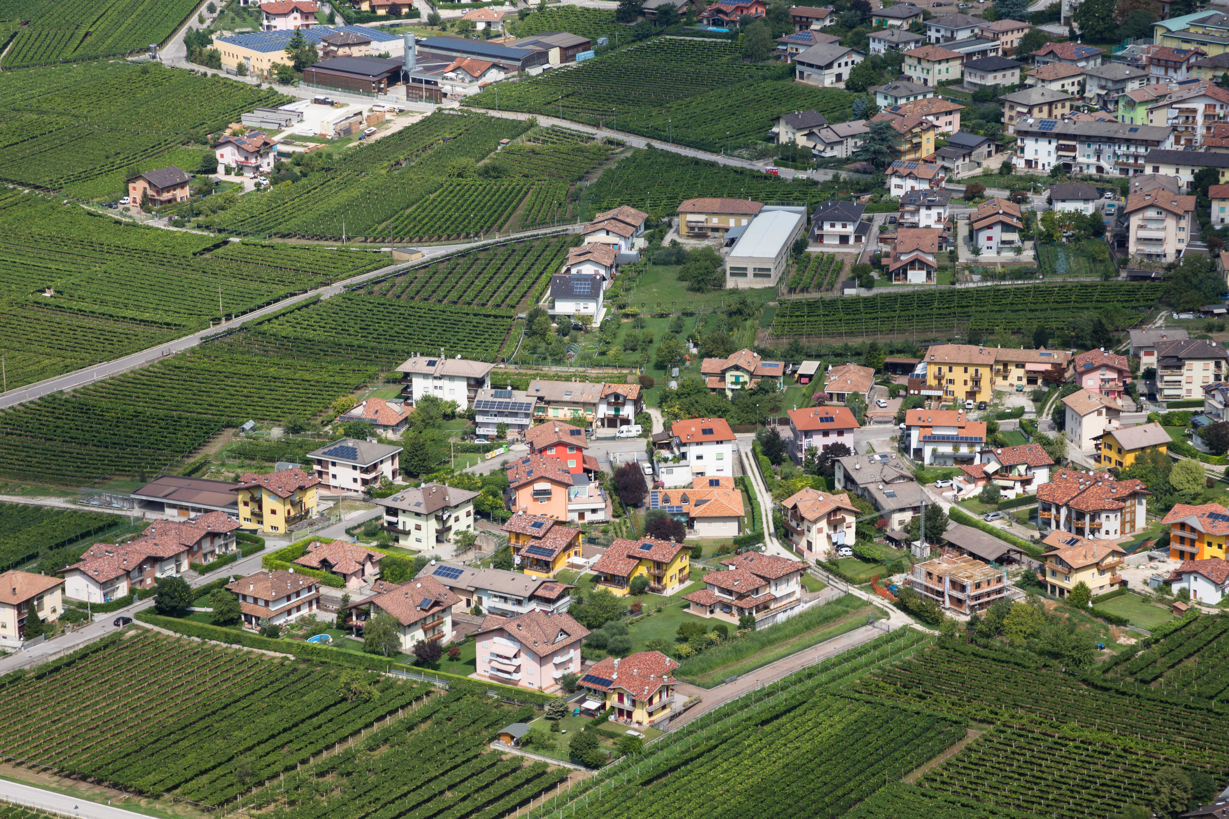 Wohnhäuser zwischen Obstplantagen in Südtirol