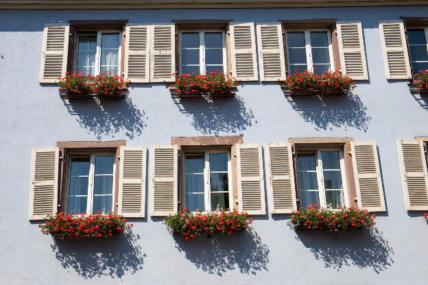 Hauswand mit Fenstern und Blumen